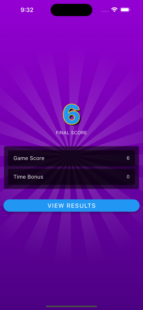 Atomia Games: Multiplayer Fun - Atomia Games final score screen showing a score of 6 and a button to view results