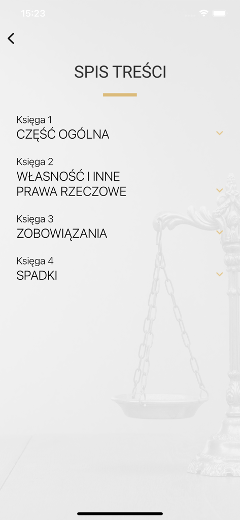 Table of contents screen in the AKTY PRAWNE app displaying Polish legal chapters including general part, property, and inheritance.
