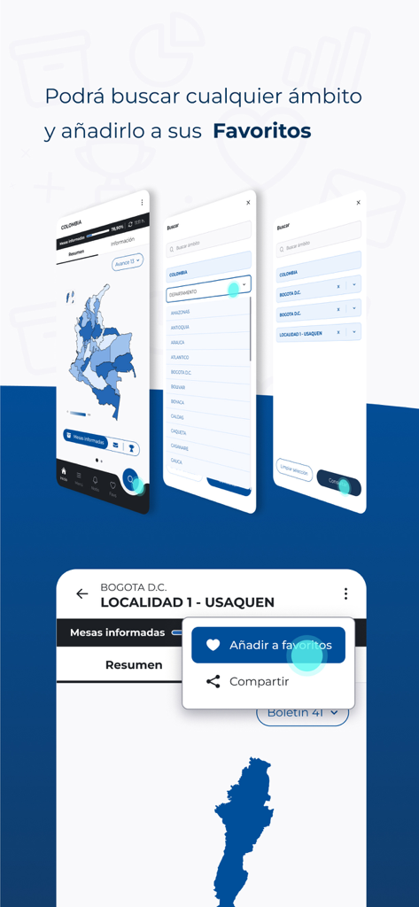 Screenshots of the Resultados CMLJ 2025 app highlighting region search and the favorites feature.