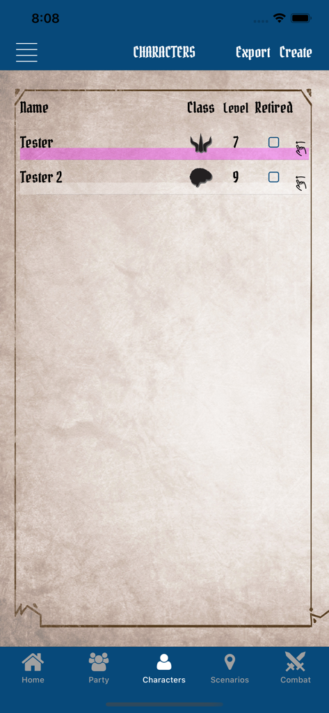 Gloomhaven Campaign Tracker - Character management screen with character names and levels in the Gloomhaven tracker app