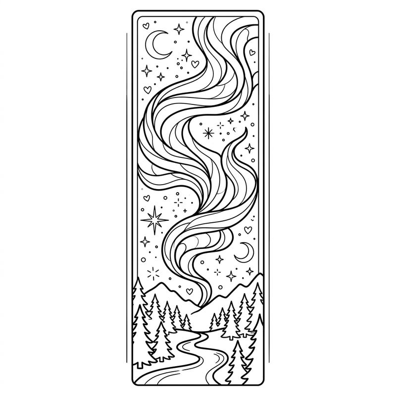 Immerse yourself in the beauty of the Northern Lights with this enchanting aurora bookmark coloring page. Designed specifically for seniors, it offers clear lines and captivating details for a wonderfully relaxing and creative experience.