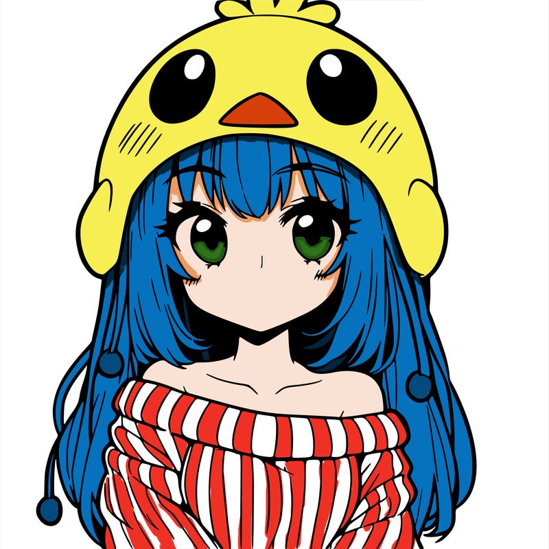 anime girl with chick shaped hat with sweater with bare shoulders with bangs covering them one eye with low tail