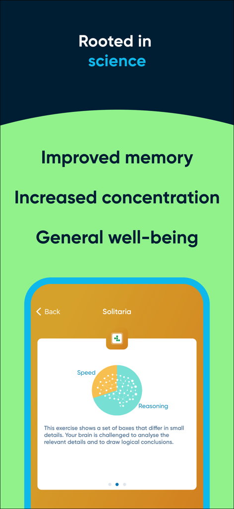 NeuroNation app interface highlighting benefits such as improved memory and concentration rooted in science