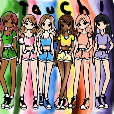 a group of girls wearing crop tops and shorts