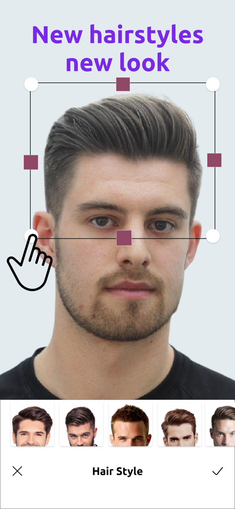 Macho Man-Edit Body Muscle Pro - Male hairstyle editing interface showing different hair options and a preview on a man's face