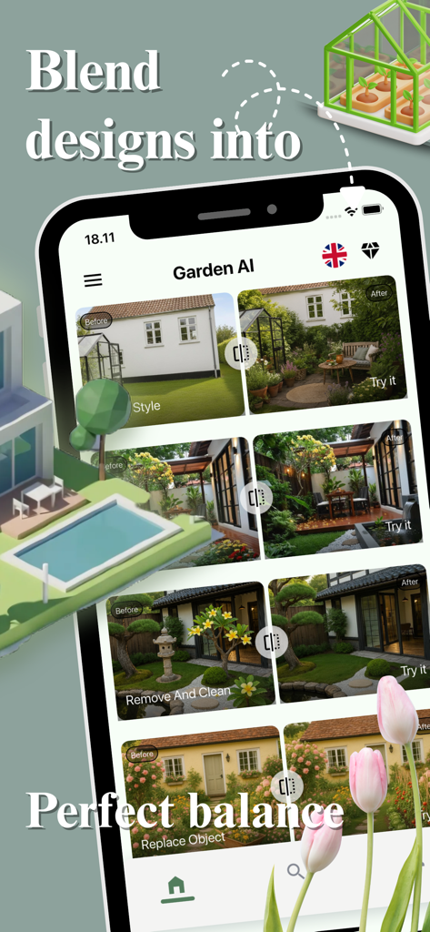 Smartphone screen displaying the AI Garden Design Pro 3D app with multiple before and after landscape transformations.