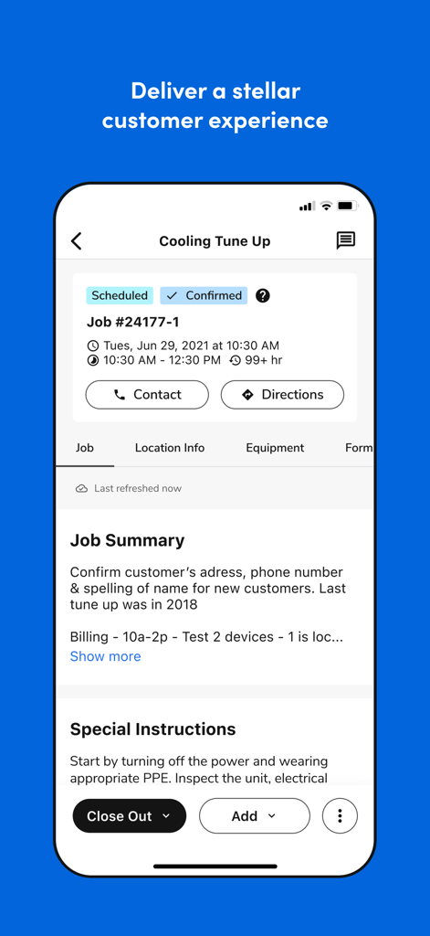 ServiceTitan Field mobile App zeigt Auftragsdetails und spezielle Anweisungen für eine Kühlungs-Wartung