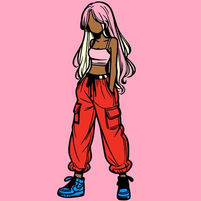 girl in baggy pants crop top and long hair