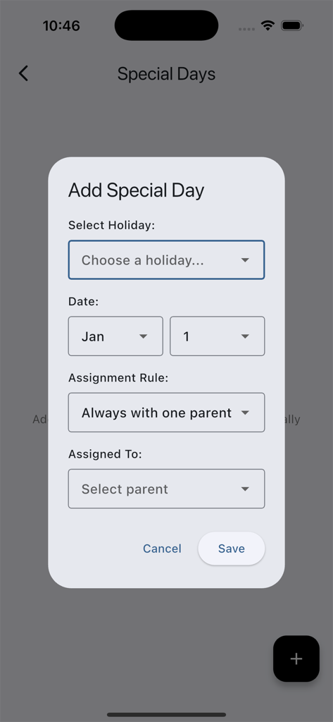 Child Custody Calendar - A mobile screen showing a form to add and assign special days or holidays to a parent within the custody calendar app.