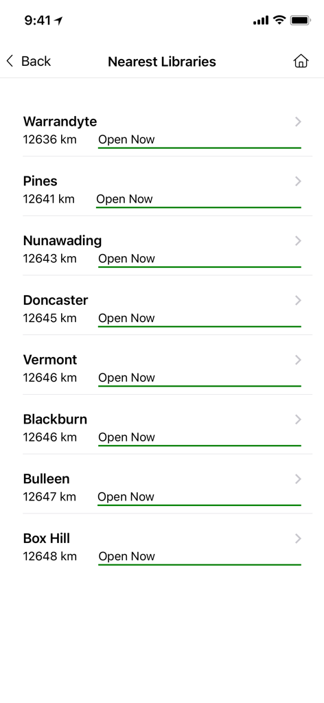 List of nearest library branches with names distances and status