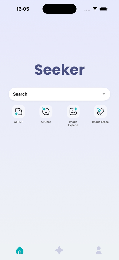 Seekee AI Tools Studio - Pantalla de inicio de la aplicación Seekee AI que muestra atajos para herramientas de IA de PDF, chat de IA, expansión de imágenes y borrado de imágenes