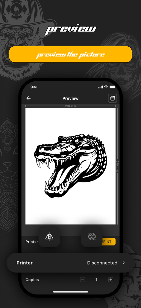 Interfaz de la aplicación FlashToy que muestra una vista previa de un diseño de tatuaje de aligátor en blanco y negro y la configuración de conexión de la impresora