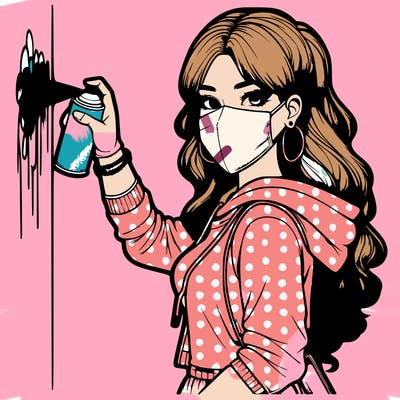 realistic girl with mask spray painting a wall