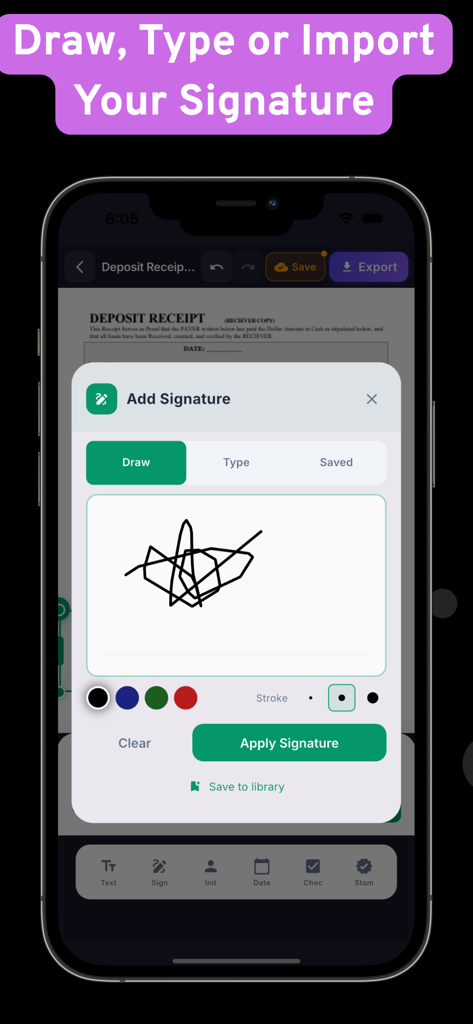 Fill and Sign PDF - SignFill - Hand drawing a digital signature on a PDF document using the SignFill Pro app on an iPhone