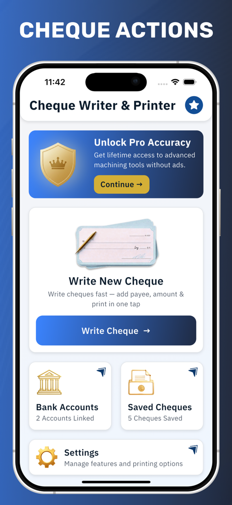 Painel principal do aplicativo Escritor e Impressora de Cheques mostrando opções para escrever um cheque, gerenciar contas bancárias e visualizar cheques salvos.
