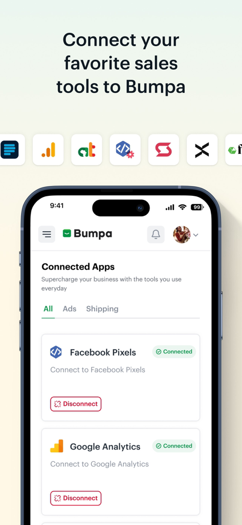 Bumpa - Manage Orders Easily - Eine mobile Benutzeroberfläche der Bumpa-App, die verbundene Geschäftstools wie Facebook-Pixel und Google Analytics anzeigt