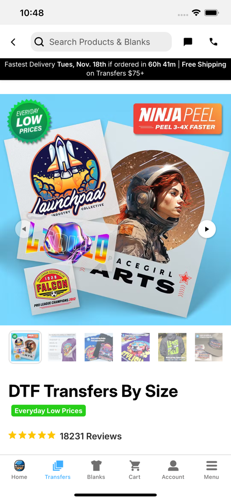 Ninja Transfers - Screenshot of Ninja Transfers app showcasing DTF transfers by size with high quality graphic designs and customer reviews