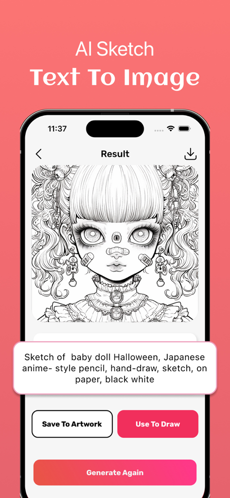 Interface of the AI Sketch feature showing an anime style drawing generated from a text prompt