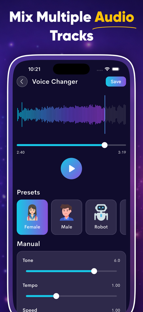 MP3 Cutter & Music Editor - A mobile app interface for changing voice effects with preset options and manual audio adjustments