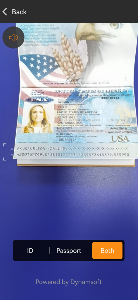 Dynamsoft MRZ Scanner - Mobile app interface of Dynamsoft MRZ Scanner capturing machine readable zone data from a US passport