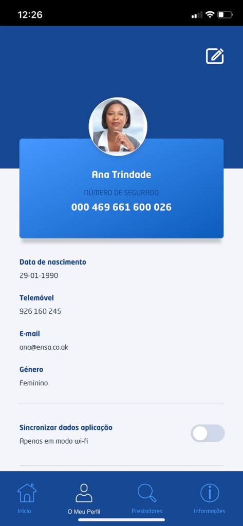 Ensa Saúde - Tela de perfil pessoal no aplicativo de seguro Ensa Saude exibindo detalhes do usuário e número de identificação do seguro