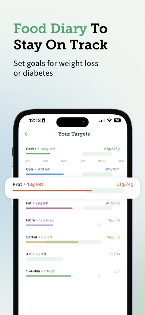 Carbs & Cals: Diet & Diabetes - A mobile interface for the Carbs and Cals app displaying a food diary with nutritional targets for carbohydrates, calories, protein, and other health metrics.