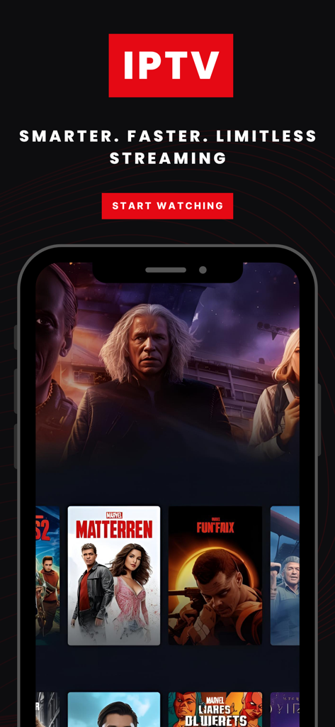 Smart IPTV Pro+ M3U Player - Interfaz de la aplicación Smart IPTV Pro que muestra la biblioteca de películas y el botón de inicio de visualización