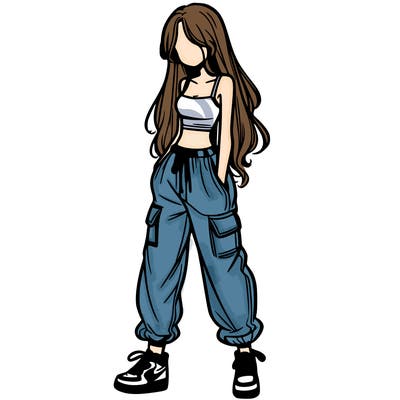 girl in baggy pants crop top and long hair