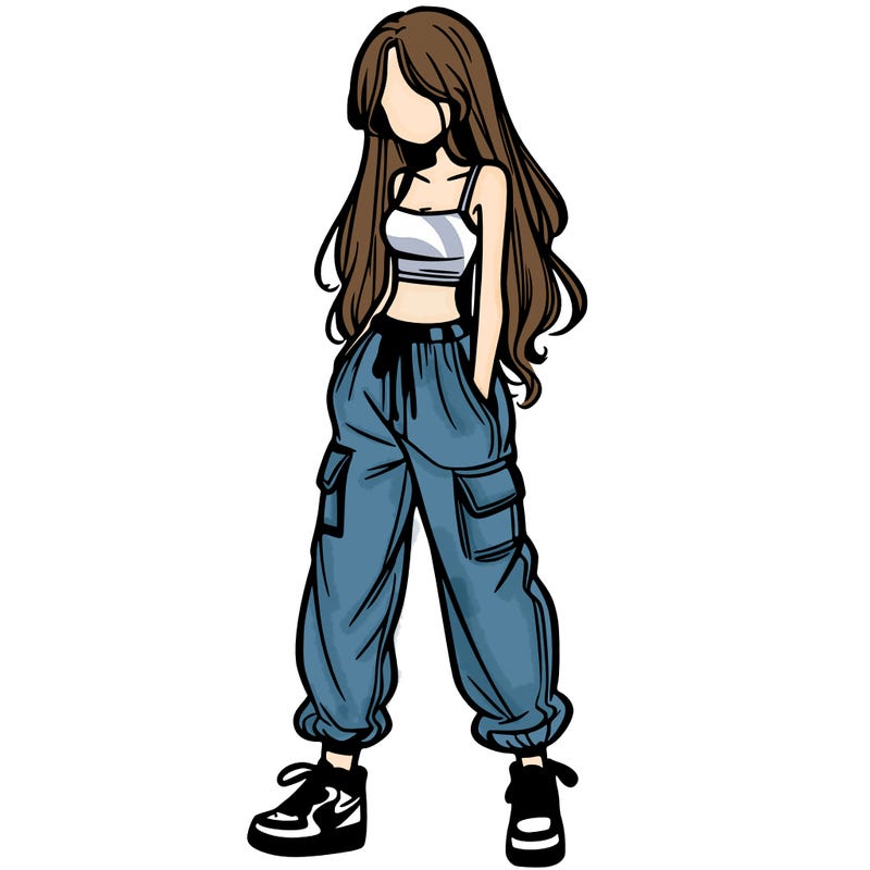 girl in baggy pants crop top and long hair