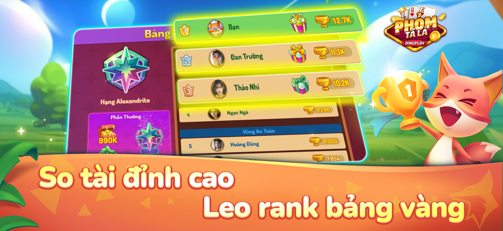 Eine kompetitive Rangliste in Phom Ta La ZingPlay Global, die die Top-Spielerränge und Belohnungen mit einem feierlichen Fuchsmännchen zeigt