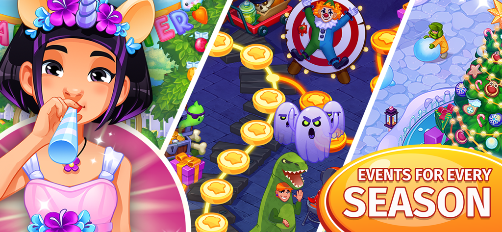 Collage de eventos estacionales en Cooking Craze que incluye temas de Halloween, Navidad y fiestas