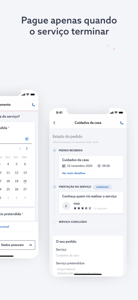 FIXO – Serviços para a casa - Smartphone screens displaying order tracking and scheduling within the FIXO home services app