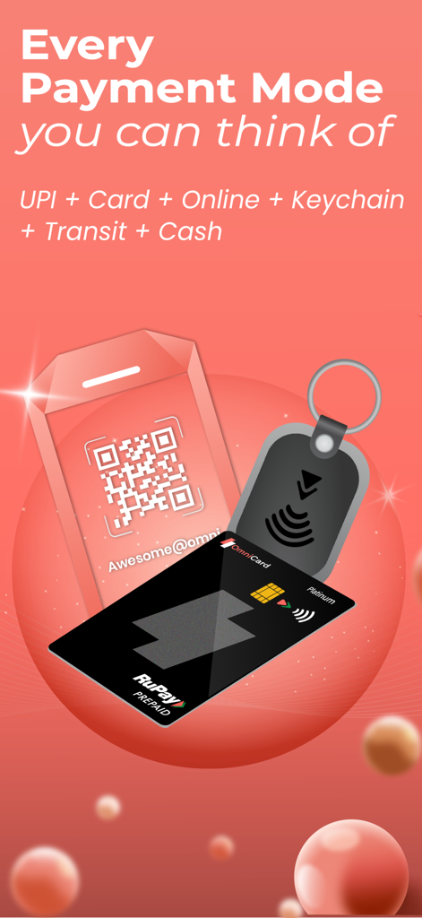 OmniCard mobile app showing various payment options including UPI QR code RuPay prepaid card and contactless keychain