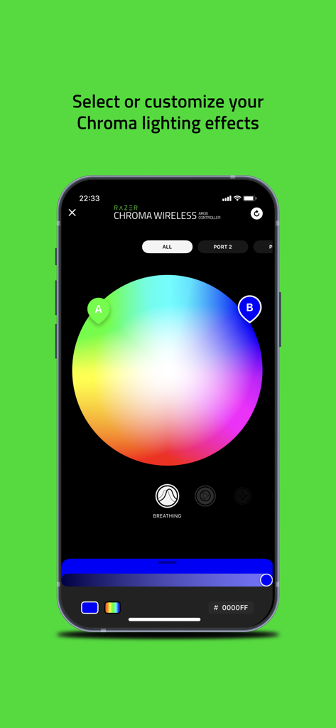 Razer Chroma RGB - Interfaz de la aplicación Razer Chroma RGB que muestra una rueda de colores para personalizar efectos de iluminación