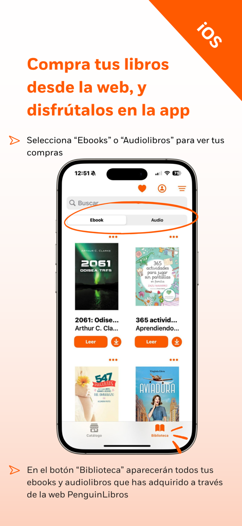 Penguinlibros - Digital library screen in the Penguinlibros app displaying ebooks and audiobooks