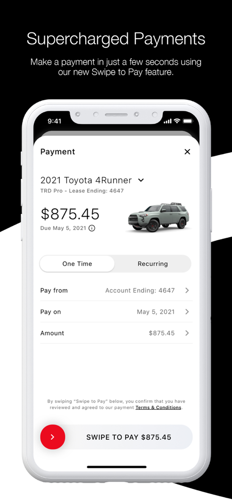 Ein Smartphone-Bildschirm, der die Zahlungsseite der Toyota Financial Services App für einen Toyota 4Runner mit einem Swipe-to-Pay-Button anzeigt.