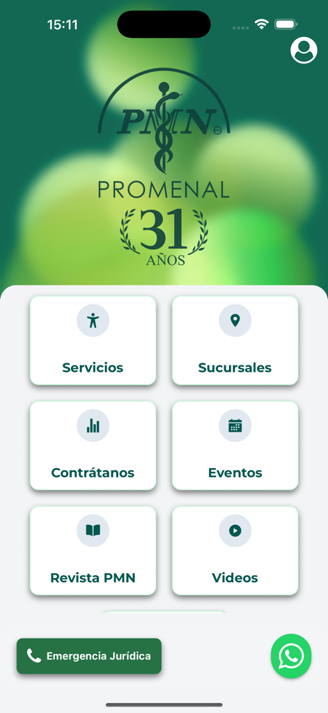 Home screen of the PROMENAL app featuring the main menu with services, branches, and a dedicated button for legal emergencies.