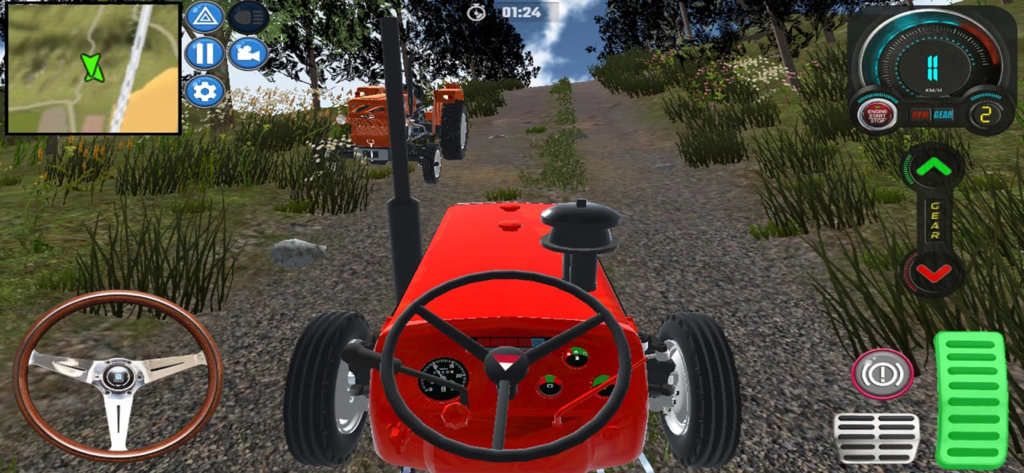 Tractor Forest Farm Simulator - Vista en primera persona de un tractor rojo conduciendo a través de un bosque en Tractor Forest Farm Simulator.