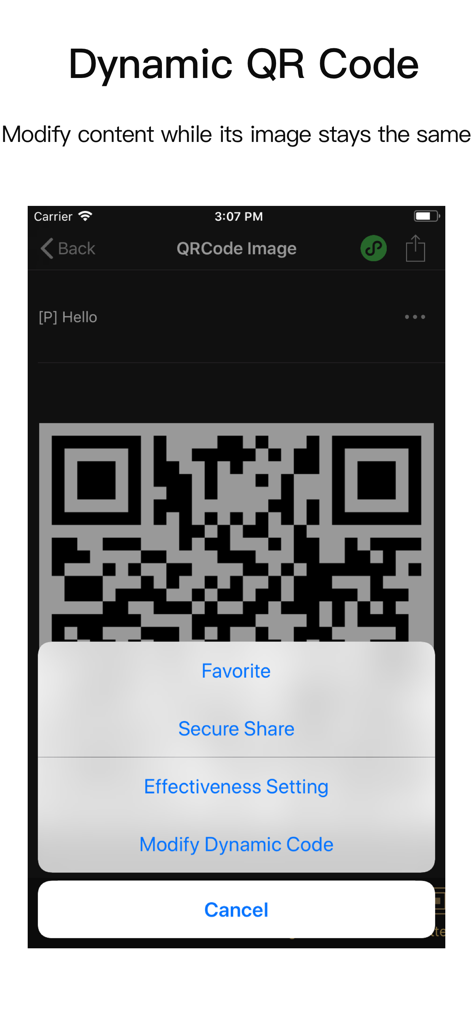 QR Code Studio Pro-QR Scanner - A smartphone screen displaying options to modify a dynamic QR code without changing its image