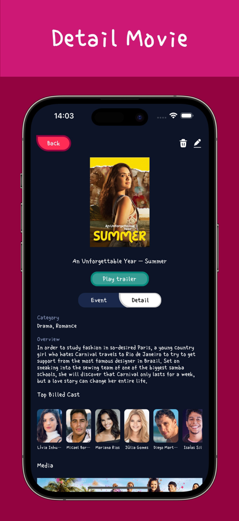 GameBox:Screw Movies Track - Una interfaz de aplicación móvil que muestra información detallada de la película An Unforgettable Year Summer, incluyendo título, póster, resumen de la trama y miembros del reparto.