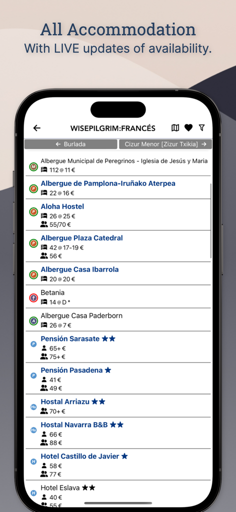 Wise Pilgrim All Caminos - Mobile app screen showing a list of hostels and hotels with prices for the Camino de Santiago pilgrimage.