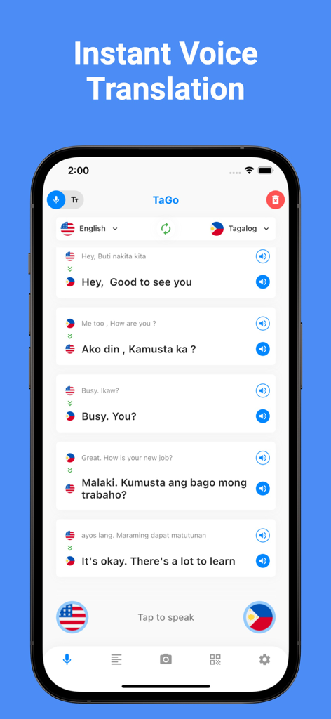 Captura de pantalla de la aplicación TaGo mostrando traducción de voz instantánea entre inglés y tagalo en una interfaz de conversación.