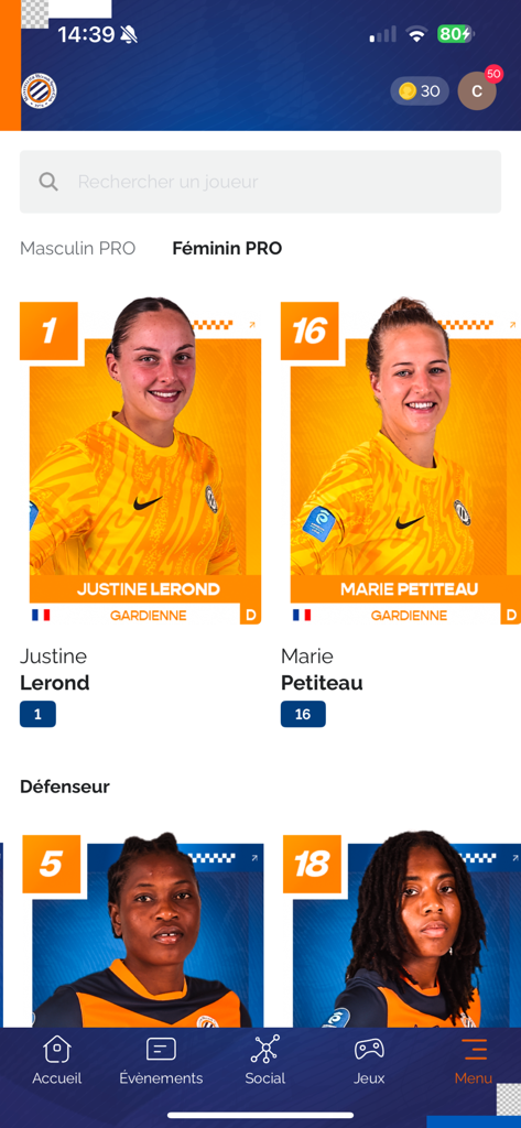 Montpellier Hérault Sport Club - Screen from the Montpellier Herault Sport Club app showing the womens professional team roster with player cards for Justine Lerond and Marie Petiteau
