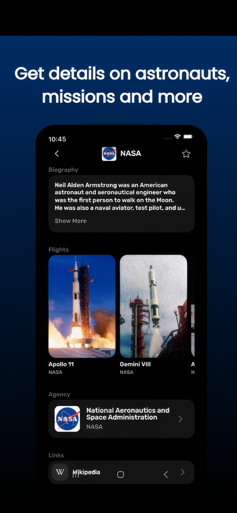 LaunchX: Rocket Launch Tracker - LaunchX app screen displaying an astronaut biography and historical space mission details
