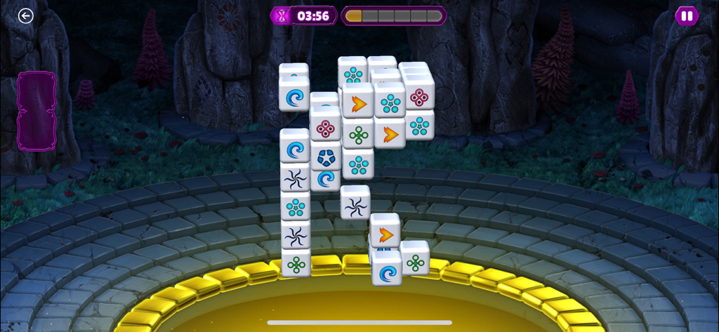 Tap Tiles - 3D Mah-jong Games - 3D mahjong tiles with colorful symbols in a mystical stone garden environment