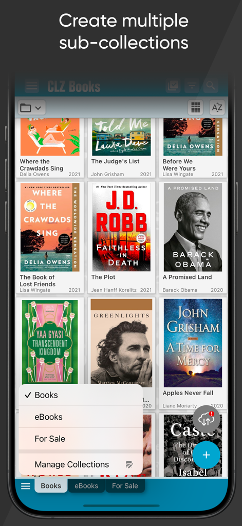 CLZ Books app displaying a library with a menu for creating sub-collections like eBooks and items for sale