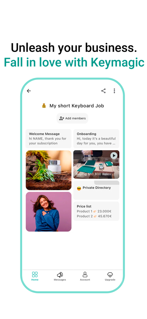 KeyMagic - Custom Keyboards - Pantalla de inicio de la aplicación KeyMagic mostrando tableros de contenido empresarial organizados con plantillas de texto e imágenes