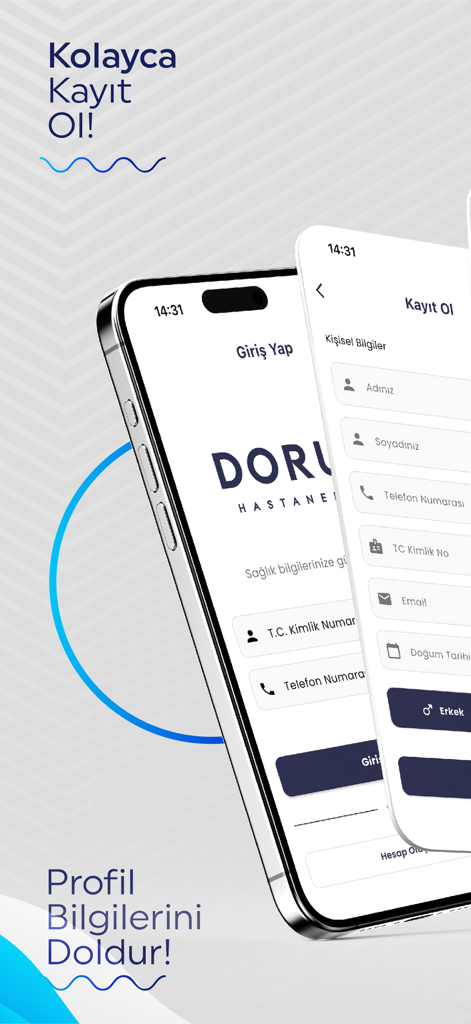 Doruk - Mobile screens of the Doruk app showing the login and patient registration forms.