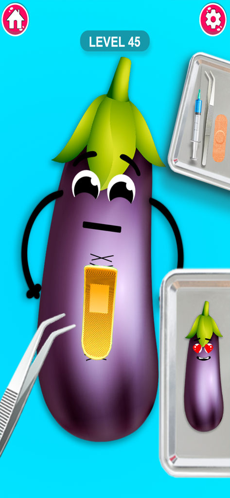Fruit Surgeon Doctor Hospital - A mobile game screen showing a sad eggplant character receiving medical treatment with a bandage and tweezers