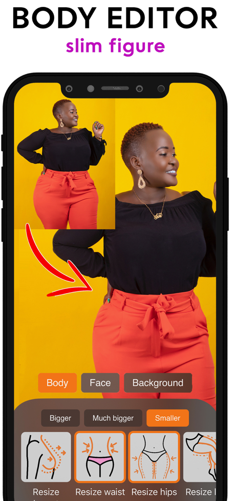 Face & Body Editor: Retouch Do - Interfaz de aplicación móvil de Face and Body Editor que muestra herramientas de retoque para adelgazar la cintura con una comparación de antes y después.